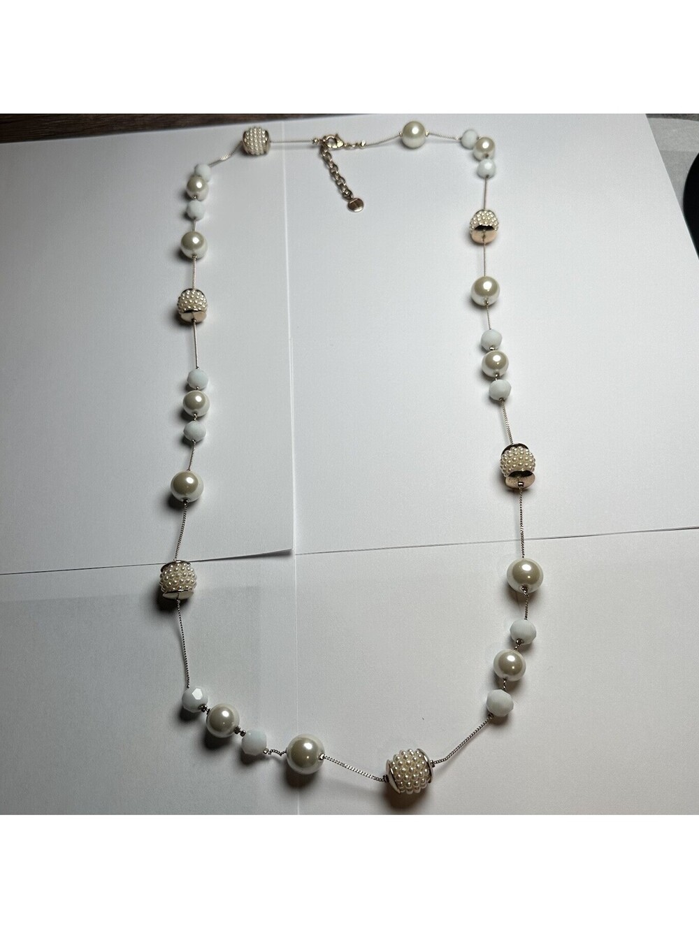 Talbots Long White Beaded Station Layering Chain Necklace Gold Tone